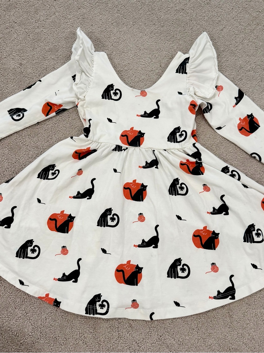 Monica + Andy Girls White Long-Sleeve Dress with Black & Orange Cat Print